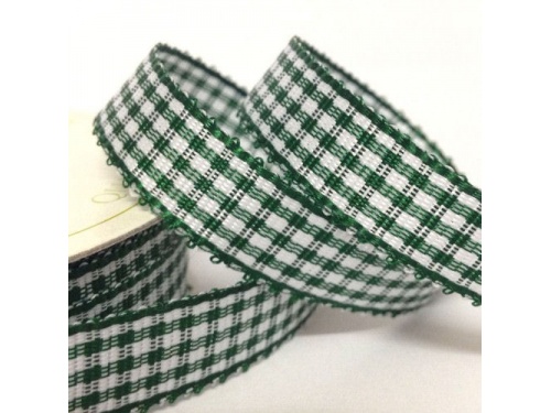 16mm Gingham Check Ribbon Forest Green